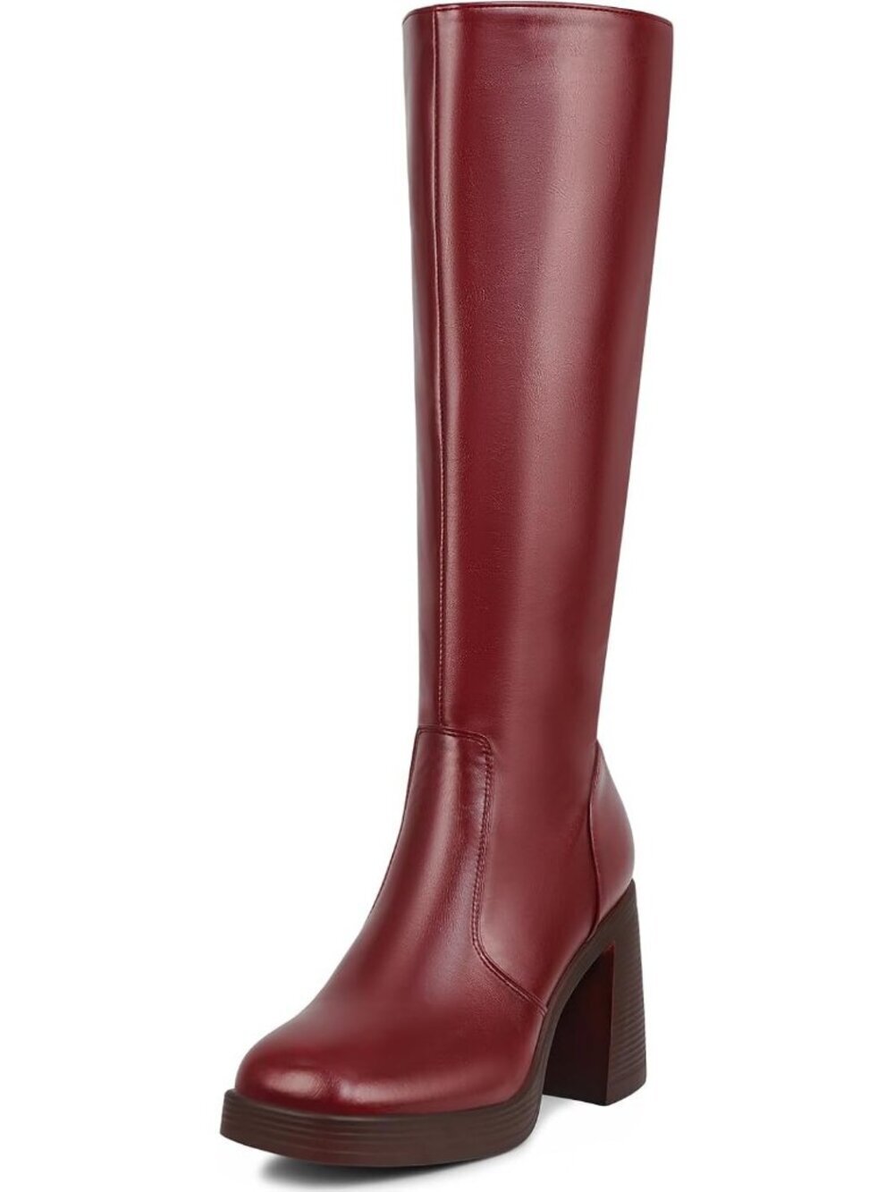 Women's All Red Leather Platform Side Zip Square Toe Chunky Block Heeled Boot